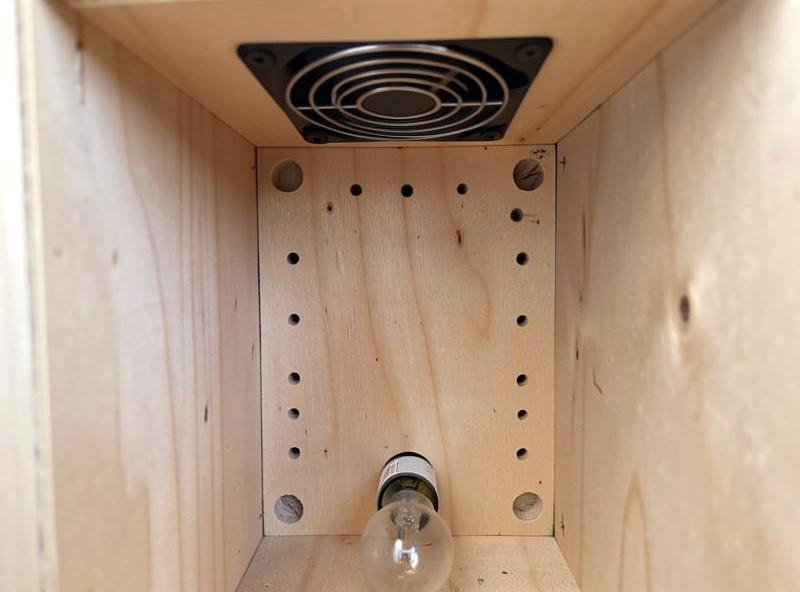 Interior detail of a biltong box showing a small computer fan near the top vent and a low wattage bulb at the bottom with ventilation holes drilled in plywood