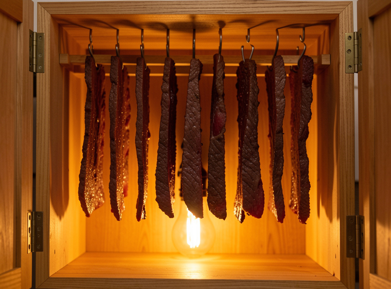 Beef strips hanging evenly spaced on hooks inside a warmly lit wooden biltong box