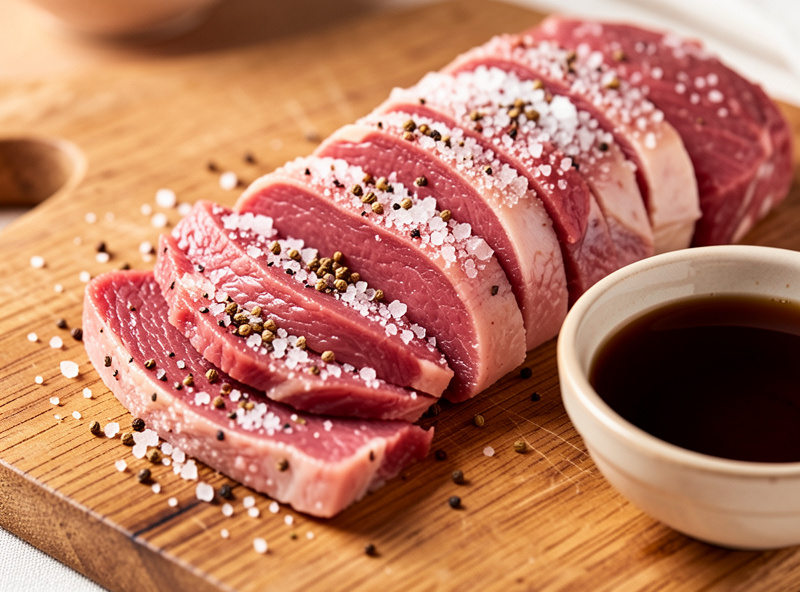 Raw beef silverside sliced into thick strips coated in coarse salt, crushed coriander and black pepper next to a bowl of brown vinegar