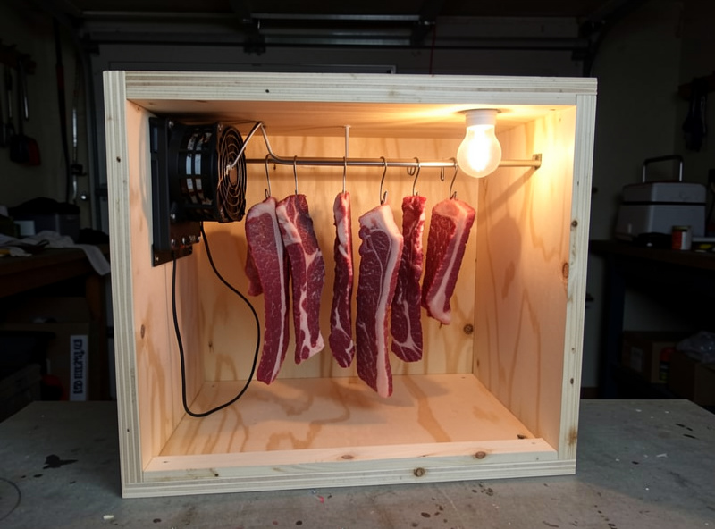 A homemade plywood biltong drying box with a small fan and low wattage bulb, raw beef strips hanging on hooks inside