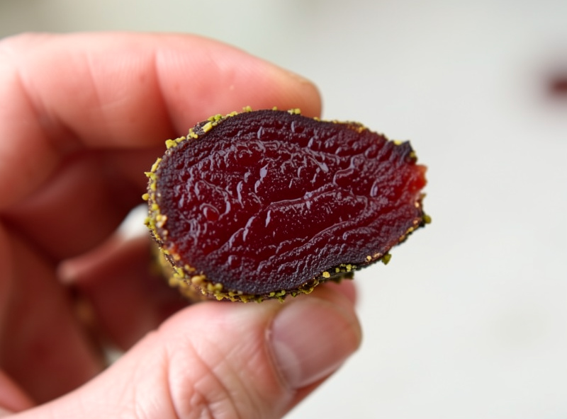 A hand holding a cut piece of finished dark biltong showing a deep red moist centre and dry outer edge with coriander crust