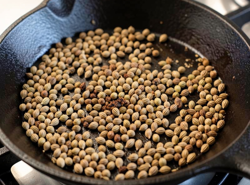 Whole coriander seeds toasting in a dry cast iron pan until browned and fragrant