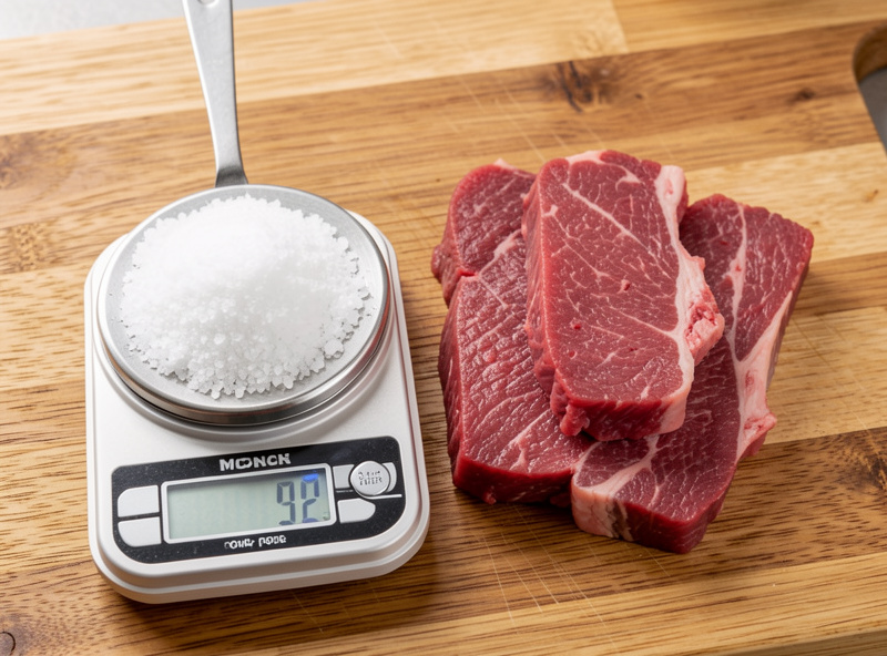 Coarse salt being weighed on a small digital kitchen scale next to lean beef strips on a wooden board