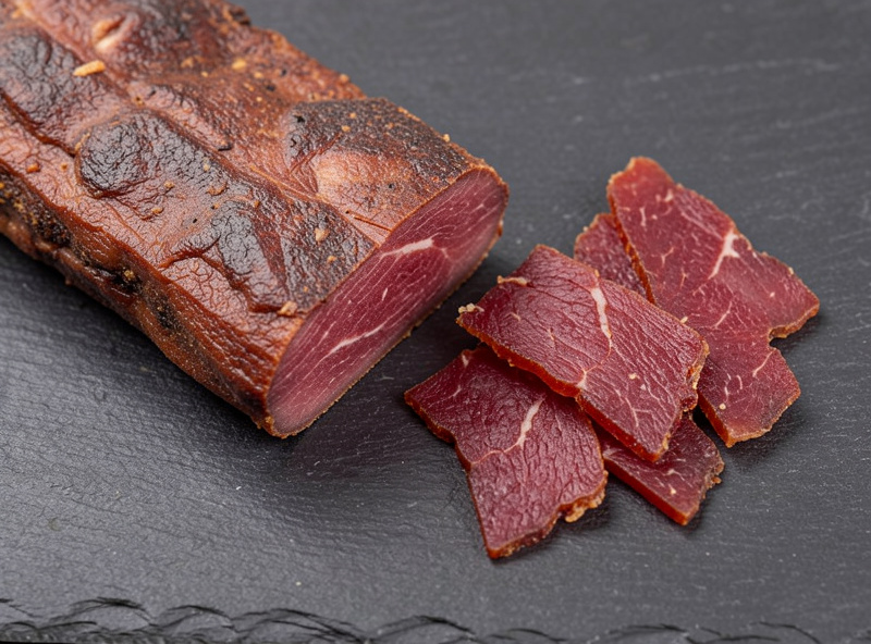 Close up contrast of one thick biltong strip cut with the grain beside thin jerky slices cut against the grain