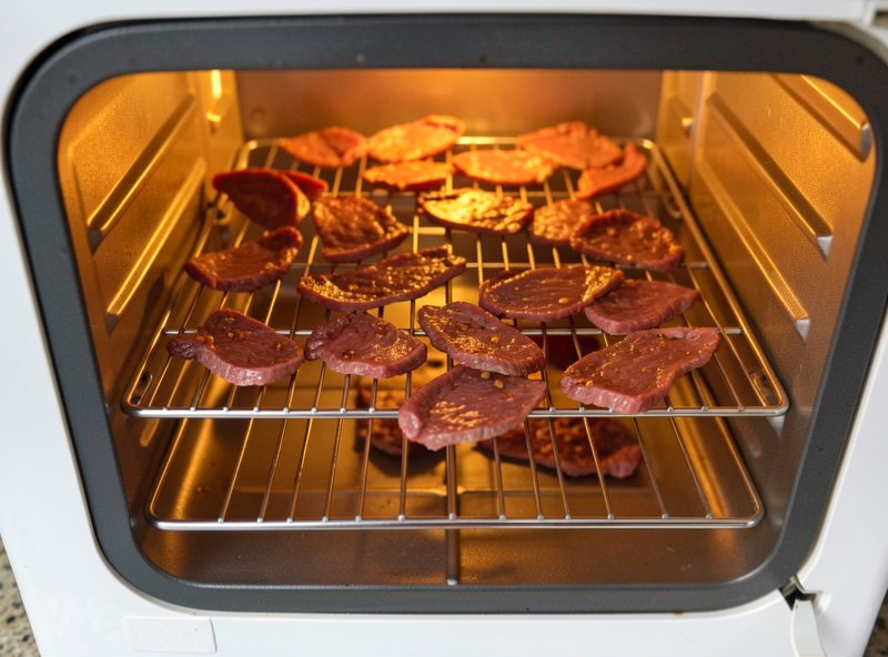 Thin marinated beef slices drying on the racks of an electric food dehydrator