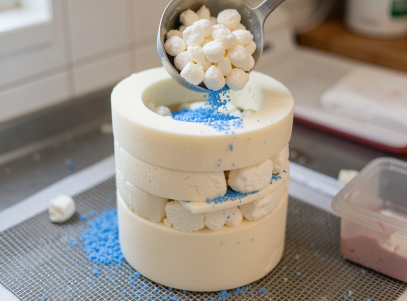 Blue cheese curds being ladled into a cylindrical mould with Penicillium roqueforti culture, on a draining mat
