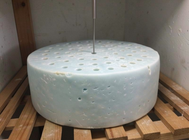 A pierced blue cheese wheel aging in a humid curing chamber with blue-green veining visible across the surface