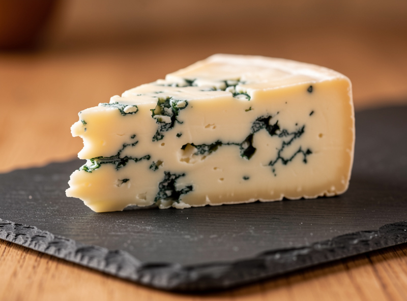 A wedge cut from a finished home blue cheese showing dense blue-green veining running through the creamy paste