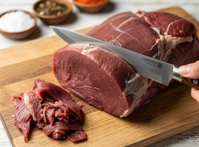 A trimmed beef eye of round being cleaned of silverskin on a cutting board, deep red lean muscle with almost no fat, ready for curing