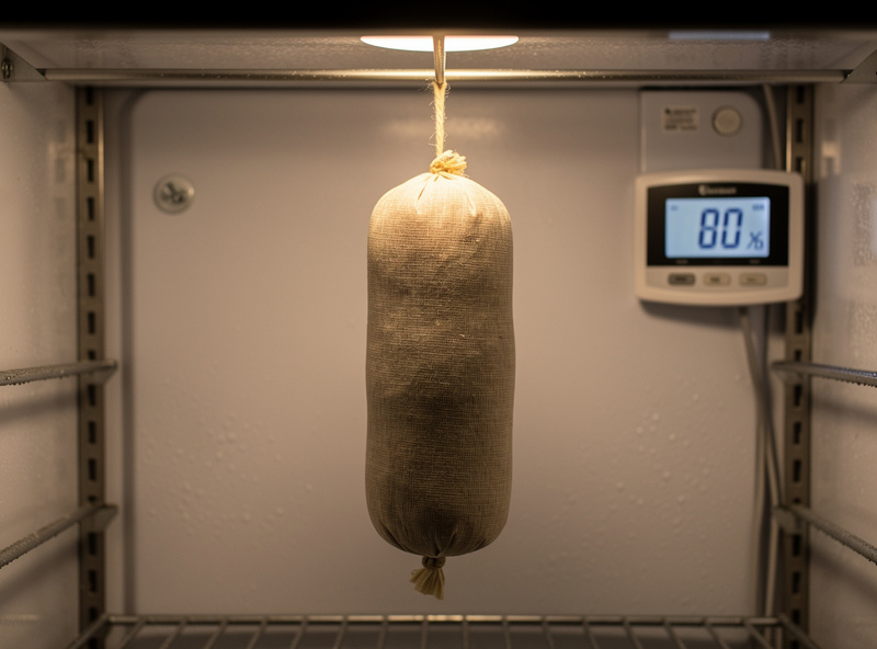 A bresaola in a breathable casing hanging inside a curing chamber, deep red beef visible through the casing, hygrometer reading around 80 percent humidity nearby