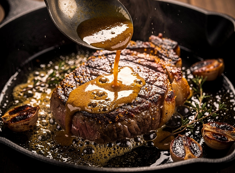 Foaming brown butter being spooned over a thick dry-aged steak in a tilted cast iron pan with garlic and thyme