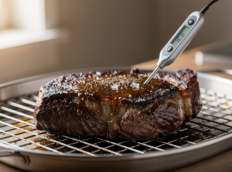A thick dry-aged steak resting on a wire rack with a deep basted crust and an instant-read thermometer inserted