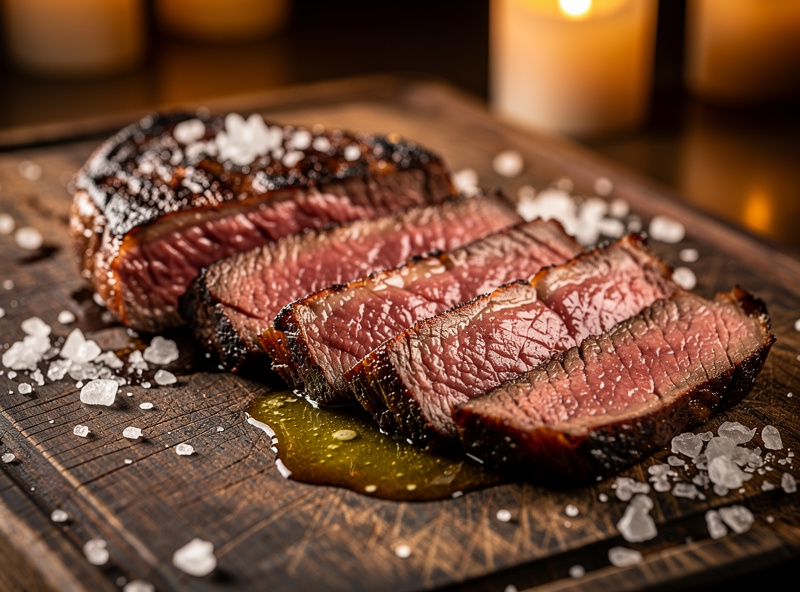 Sliced butter-basted dry-aged steak fanned on a board showing a rosy medium-rare interior and dark crust