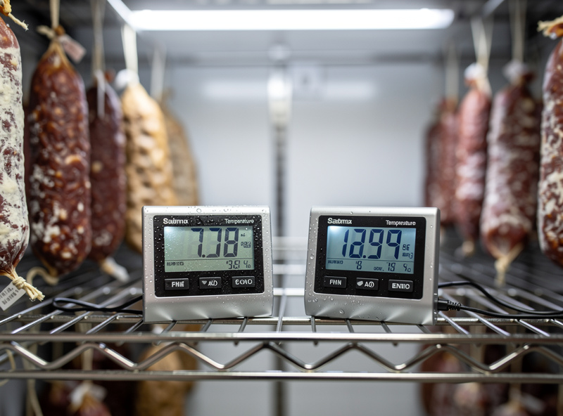 Two digital hygrometer sensors placed side by side inside a curing chamber for cross-checking calibration against each other