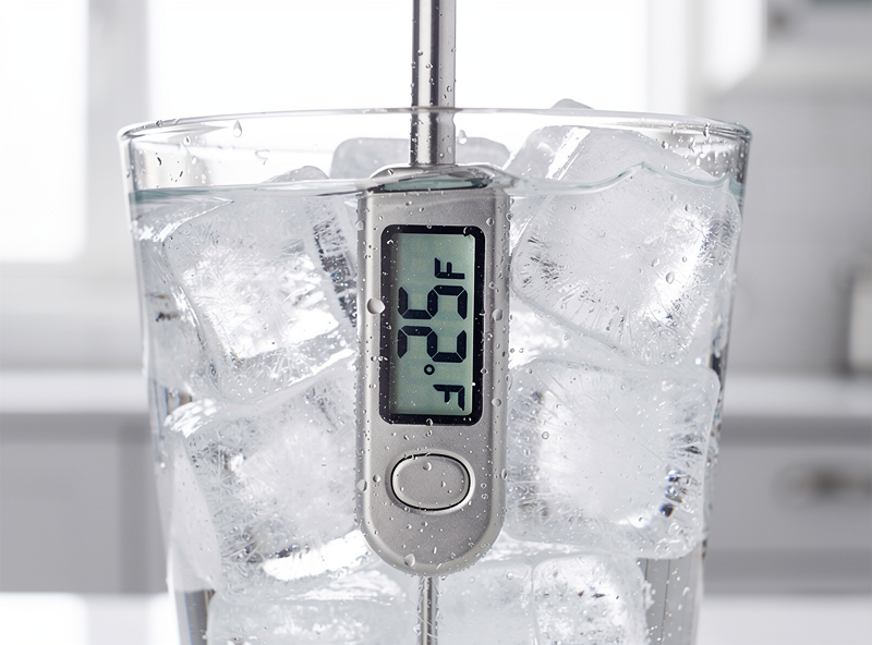 Thermometer probe suspended in the center of a glass of stirred ice water reading 32 degrees Fahrenheit during calibration