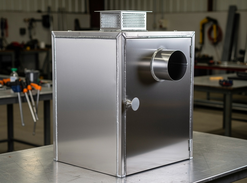 Stainless steel cold-smoking cabinet with welded seams, smoke inlet duct on side, vent on top, hanging rods inside visible through open door