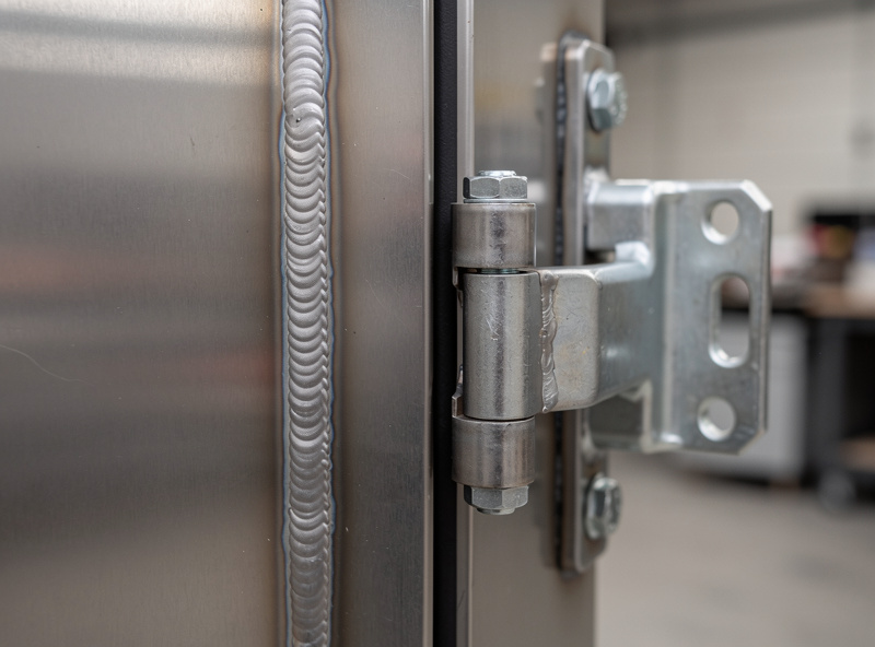 Close-up of welded stainless steel door hinge and silicone gasket seal on smoker cabinet, latch mechanism visible, clean metal fabrication detail