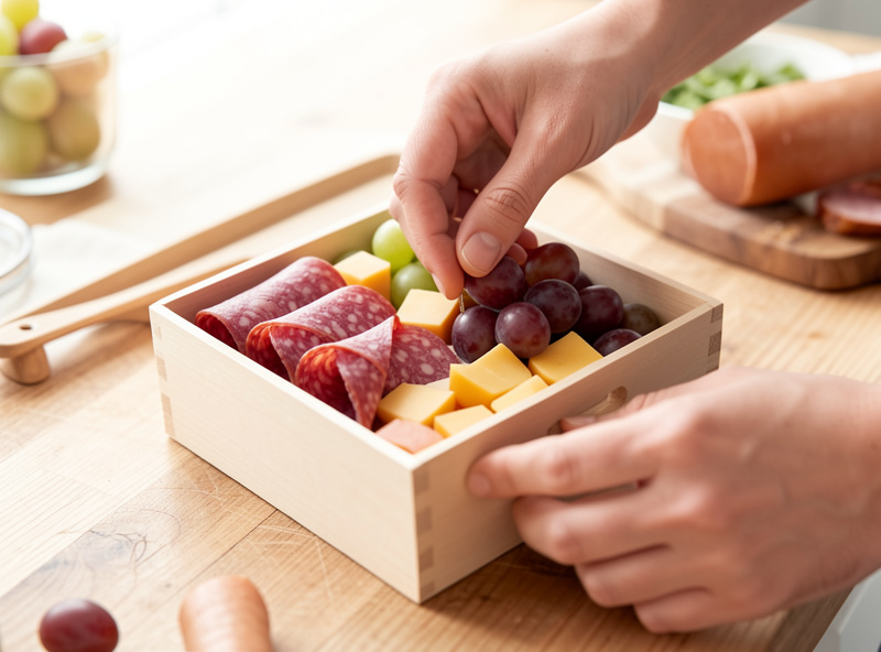 Hands assembling a small individual charcuterie box with salami, cheese and grapes