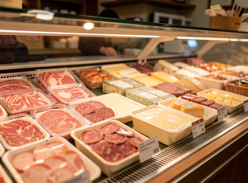 A specialty deli display of packaged cured meats and cheeses being selected for sourcing