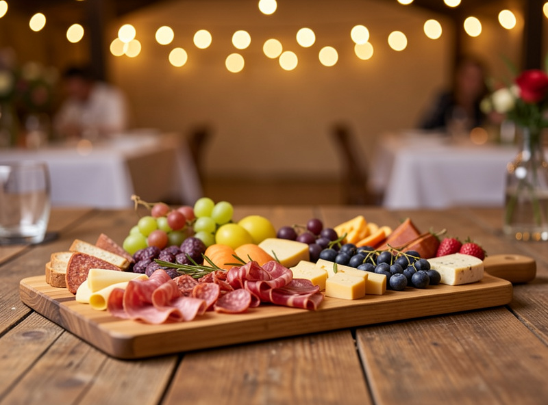 A finished charcuterie grazing board delivered at a celebration with soft lights behind