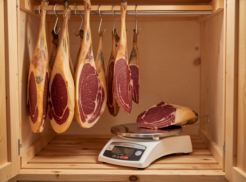 Home curing chamber with whole-muscle charcuterie hanging and a digital scale for weight logging