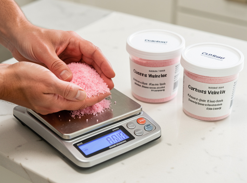 Hands weighing curing salt on a precision scale next to labeled cure number 1 and cure number 2 tubs