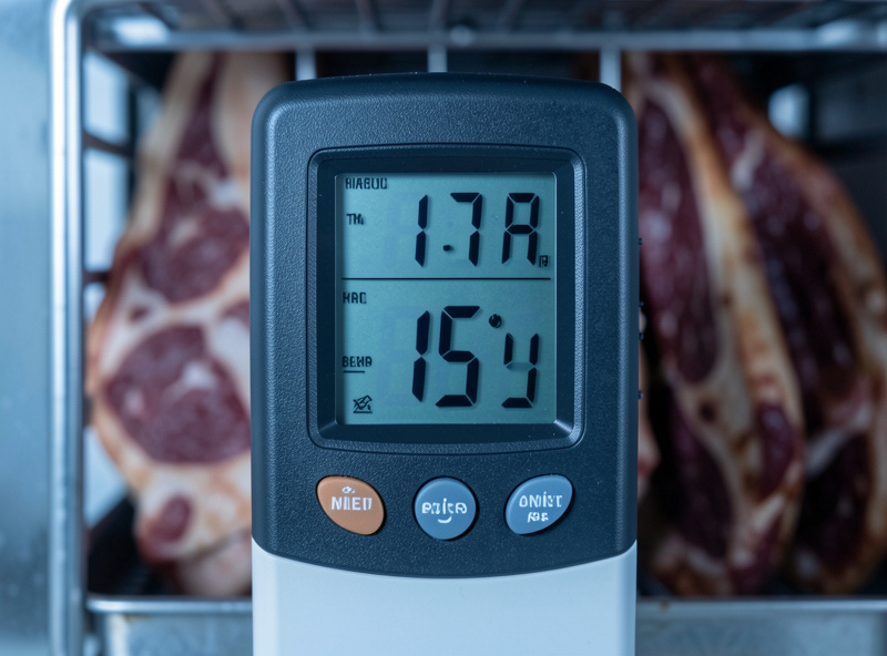 Close-up of a digital hygrometer and thermometer reading inside a home curing chamber holding cured meat