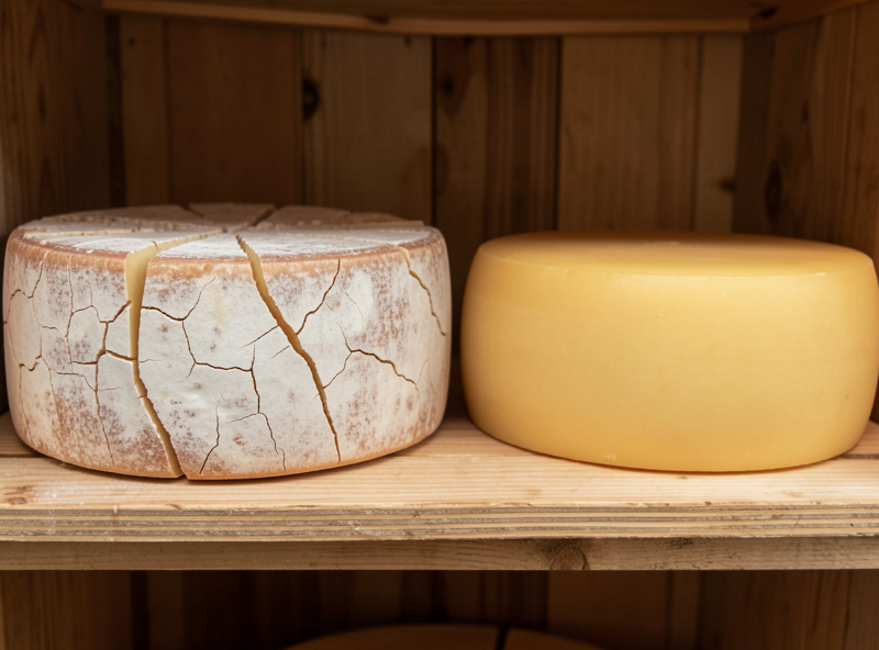 A cracked, case-hardened cheese wheel with a dry split rind next to a healthy wheel inside a curing chamber