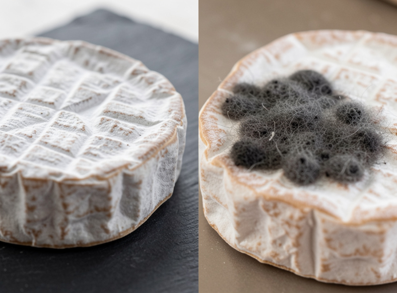 Close-up comparing healthy grey-white natural rind mould against unwanted fuzzy dark contamination on aging cheese