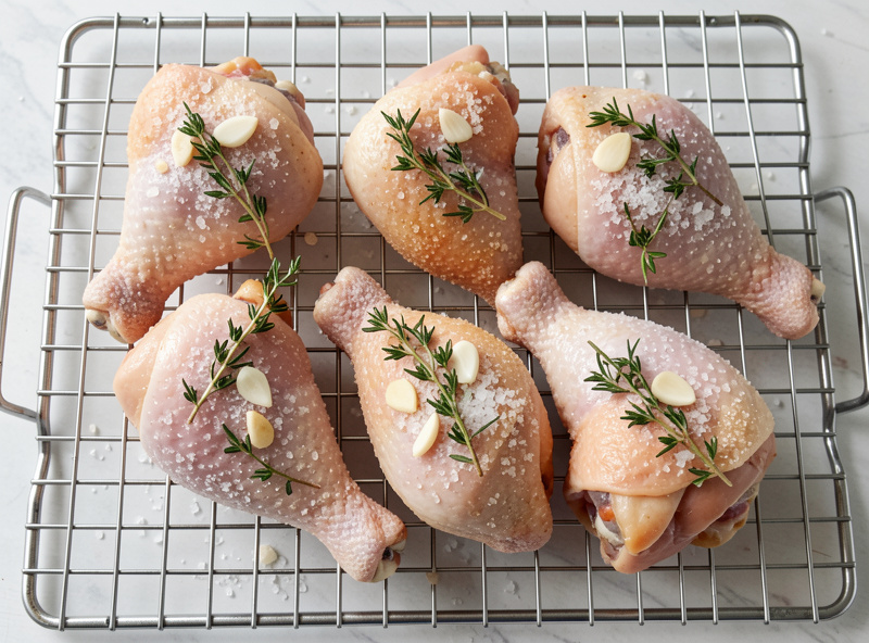 Chicken legs rubbed with salt, garlic and thyme on a rack, curing before confit