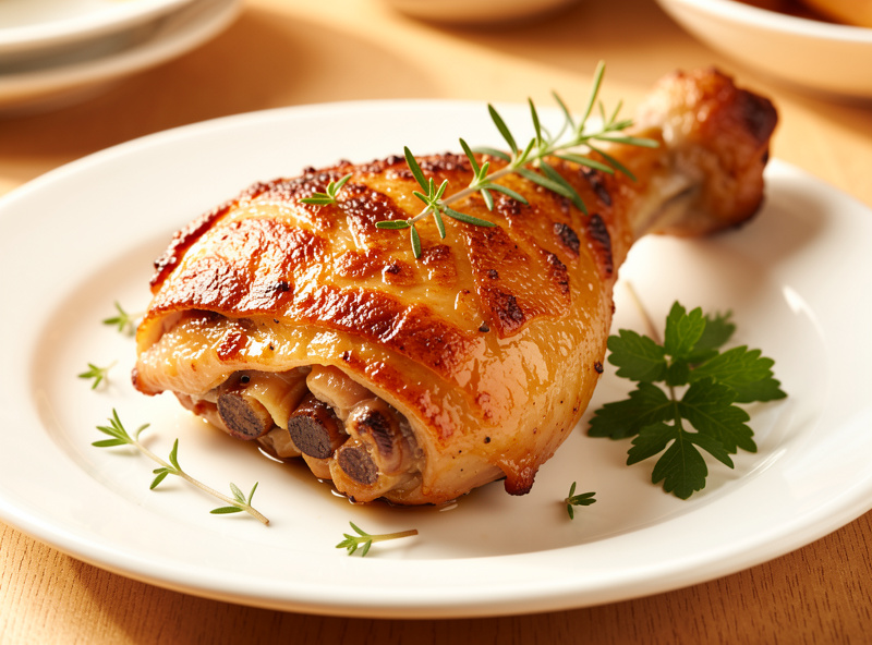 Crispy-skinned chicken confit thigh plated, golden and glossy