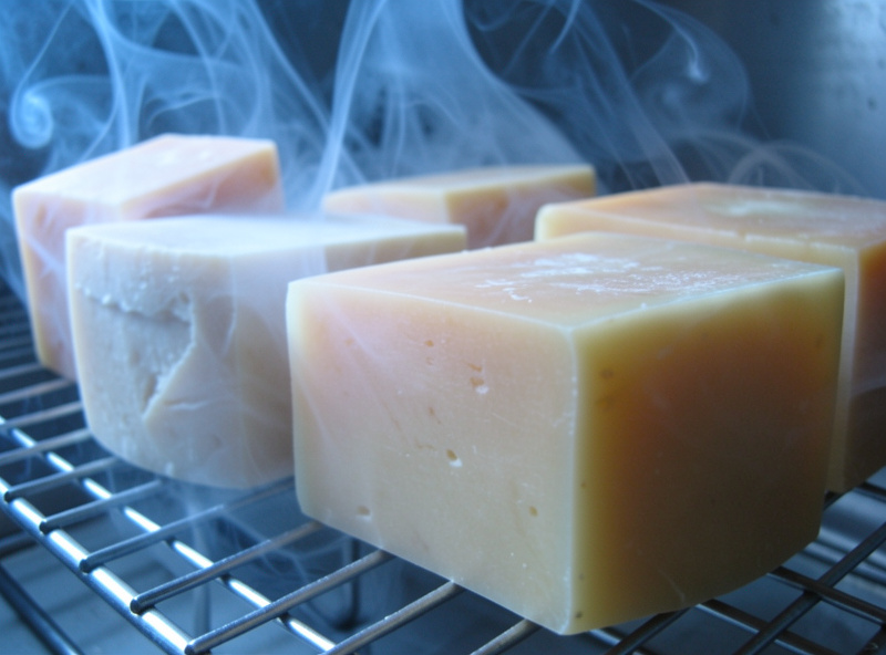 Blocks of cheddar and gouda cheese on a wire rack in thin blue cold smoke