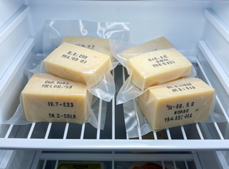 Vacuum-sealed blocks of cold-smoked cheese labelled with dates resting in a fridge