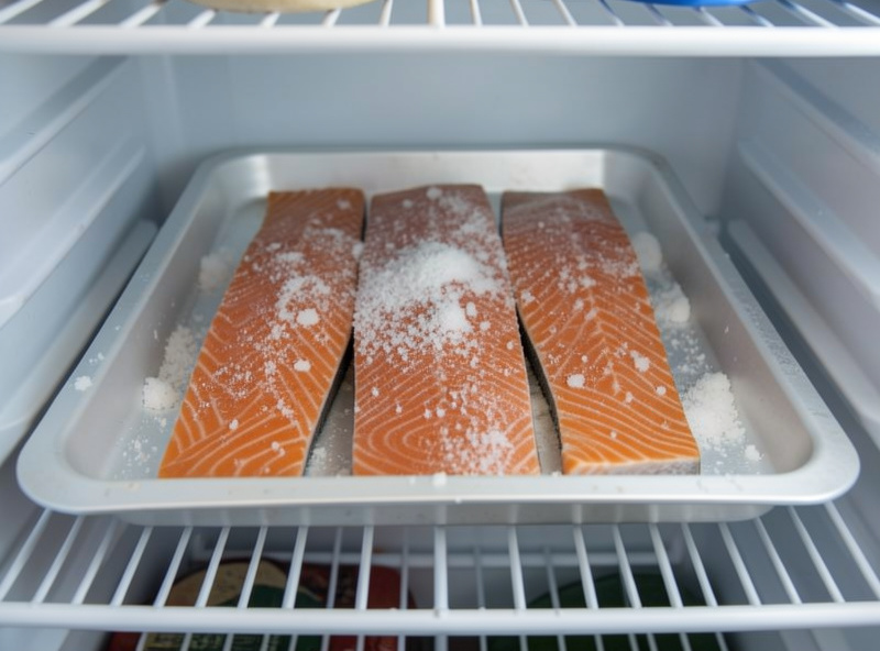 Salmon fillet packed in salt and sugar dry cure on a tray in a home fridge