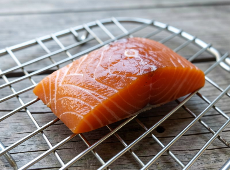 Cold-smoked salmon side with deep amber colour resting on a wire rack