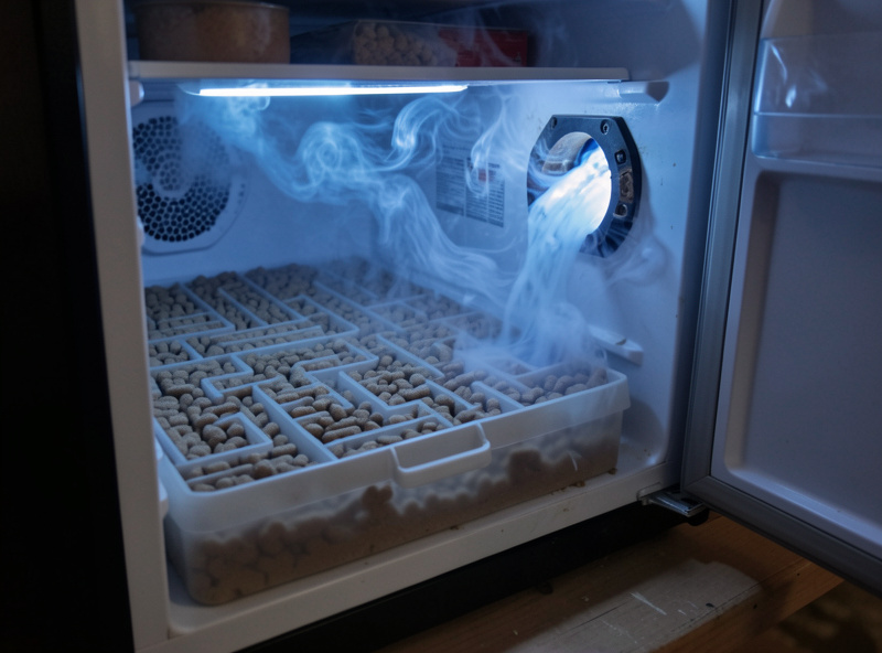 A pellet maze burning thin blue smoke feeding a converted-fridge curing chamber