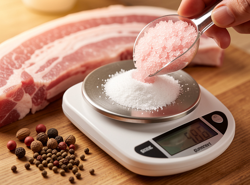 Digital scale weighing salt and curing salt over a pork belly with whole spices for an equilibrium cure before cold smoking