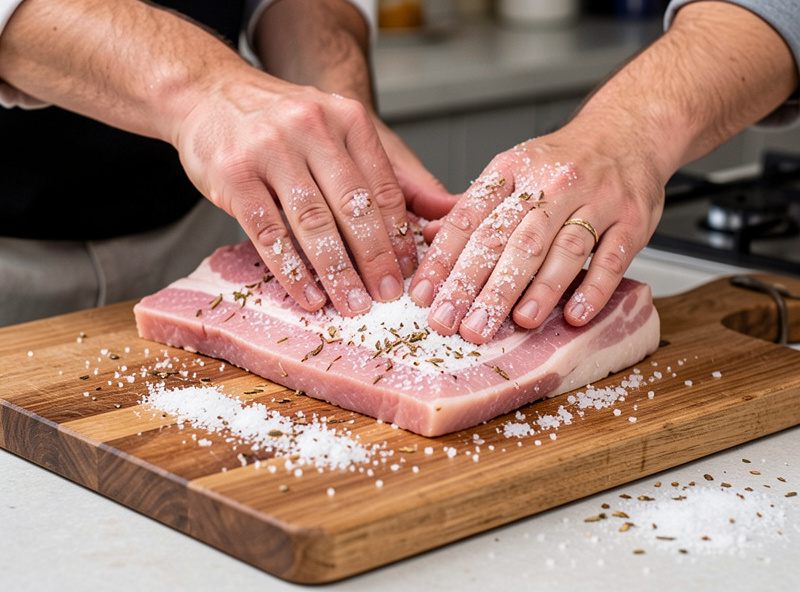 Hand rubbing a dry cure of salt curing salt and cracked spices into a pork belly before forming a pellicle for cold smoking