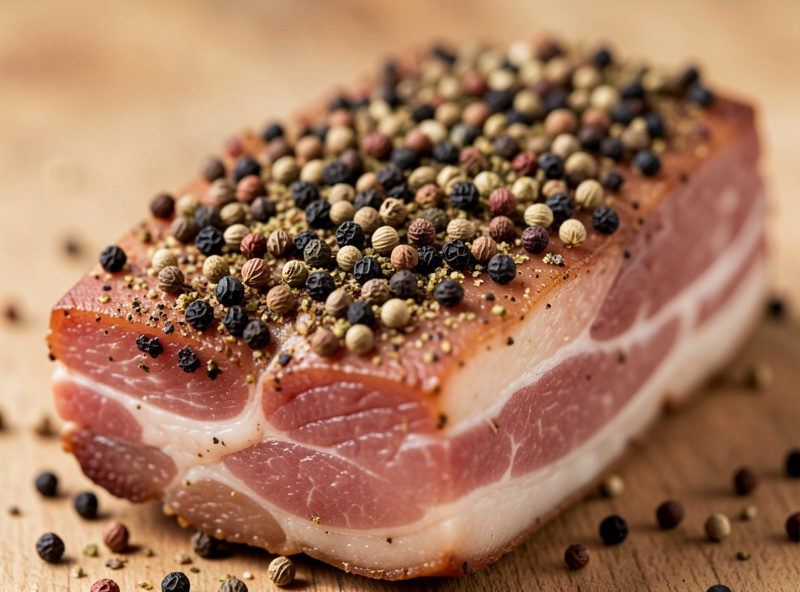 Cracked pepper coriander and juniper crust pressed onto a cured pork piece showing restrained spicing before cold smoking