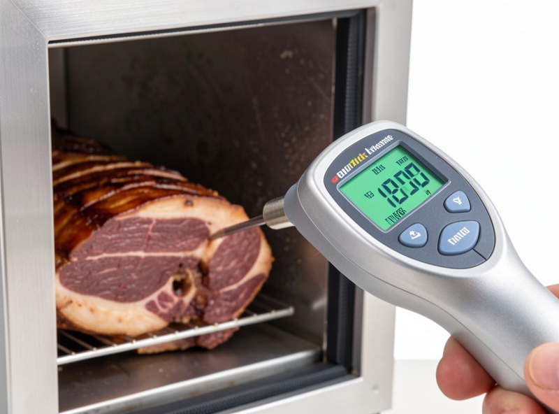 A digital thermometer reading a low temperature inside a cold-smoking chamber with cured meat, illustrating the food safety danger zone