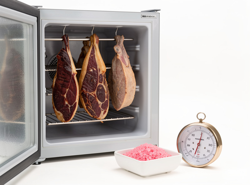 Cured meat hanging in a converted-fridge cold-smoking chamber with curing salt and a logging thermometer, showing safe cold smoking practice