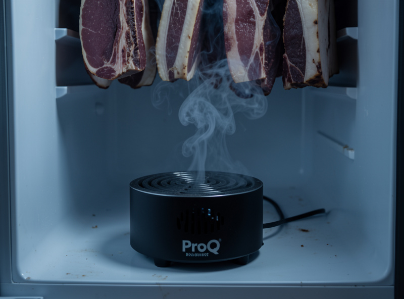 ProQ-style maze cold smoke generator smouldering in a converted fridge chamber during winter with hanging cured meat