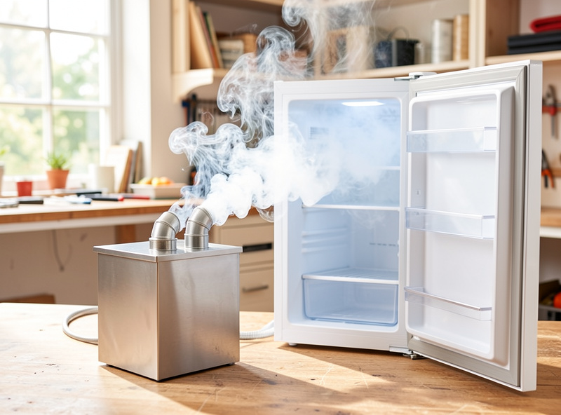 Off-box cold smoke generator ducted into a chilled converted fridge chamber during summer to keep meat under thirty degrees