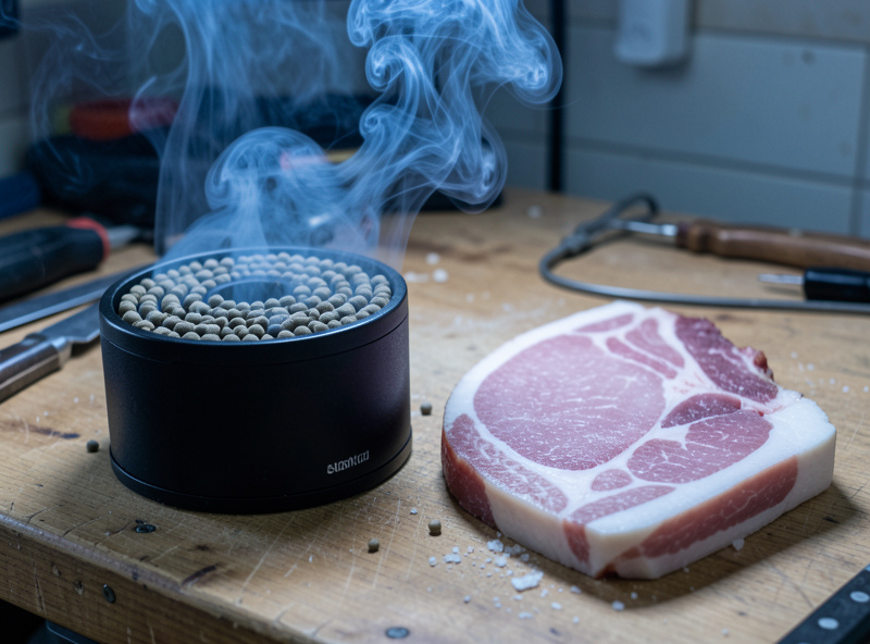 Pellet maze cold smoke generator producing thin blue smoke beside a slab of cured pork belly