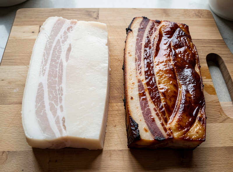 Two cured pork belly slabs side by side, one pale cold-smoked and one bronzed hot-smoked, on a wooden board