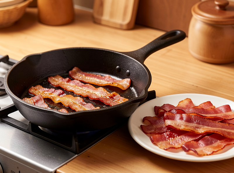 Sliced cold-smoked bacon frying in a cast iron pan beside ready-to-eat hot-smoked bacon slices