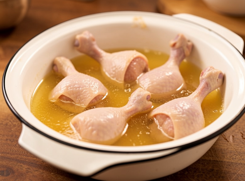 Duck legs submerged in golden rendered fat in an enamel dish, confit in progress
