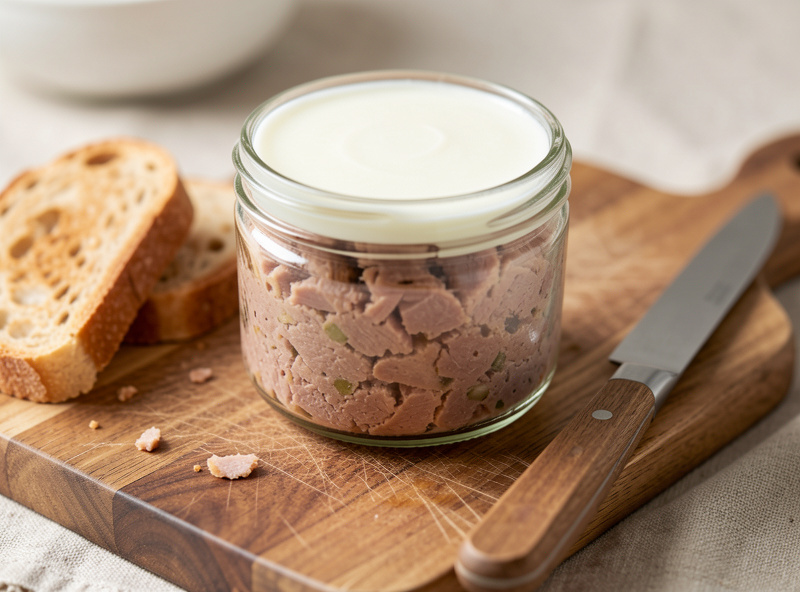 A glass jar of pork rillettes sealed with a smooth white fat cap on a wooden board