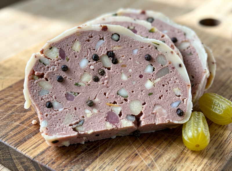 A sliced country pate terrine on a board showing coarse texture and a thin fat layer