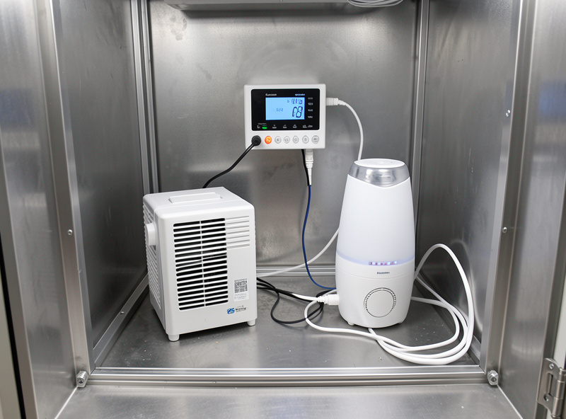 Small Peltier dehumidifier and ultrasonic humidifier wired to a humidity controller inside a large chamber